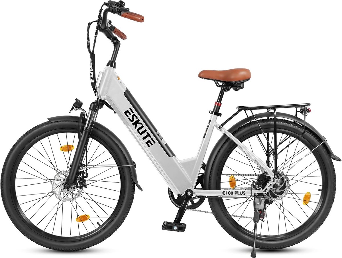 E-bike, 26 inch elektrische fiets, E-stadsfiets 250W achtermotor, 36V 13Ah verwisselbare accu, tot 100km, LCD-display, lage instap E-stadsfiets voor dames en heren volwassenen-Wit