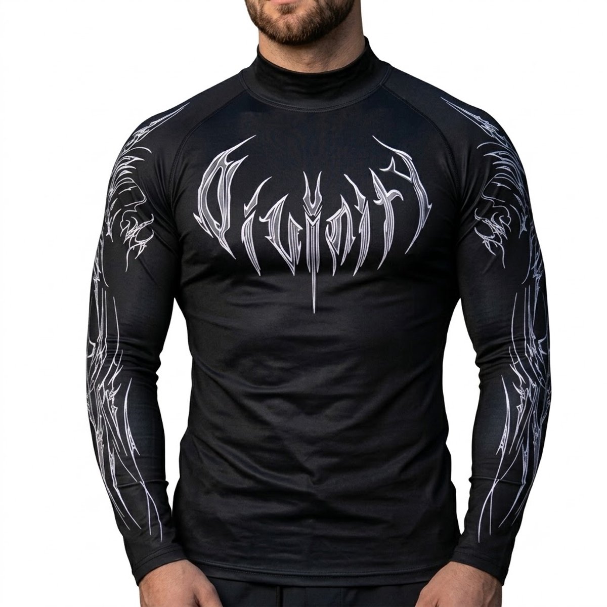Zwart vechtsportshirt heren maat L high neck lange mouw compressie shirt geometrische print stretch sport shirt nauwsluitend fitness shirt workout top gym kleding training shirt atletische pasvorm alle seizoenen