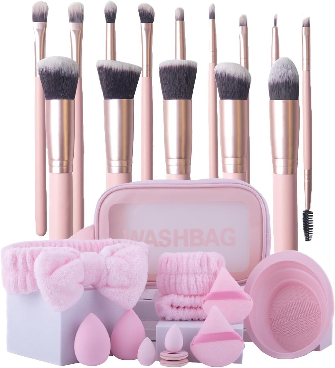 SnelShoppen - Makeup Brush Set 27PCS Reiskosmetica Tools in Roze | Inclusief Spons, Poederkap, Reiniger, Professionele Gezichtsborstels voor Foundatio