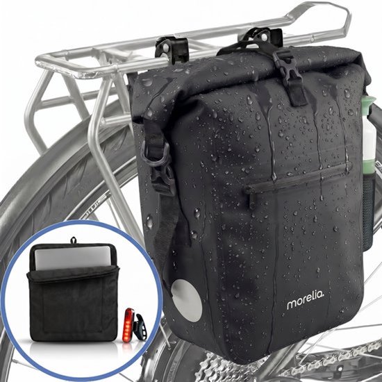 Sacoche de vélo noire et imperméable Morelia avec fermeture enroulable, fixée sur un porte-bagages. Housse pour ordinateur portable et feu arrière inclus.