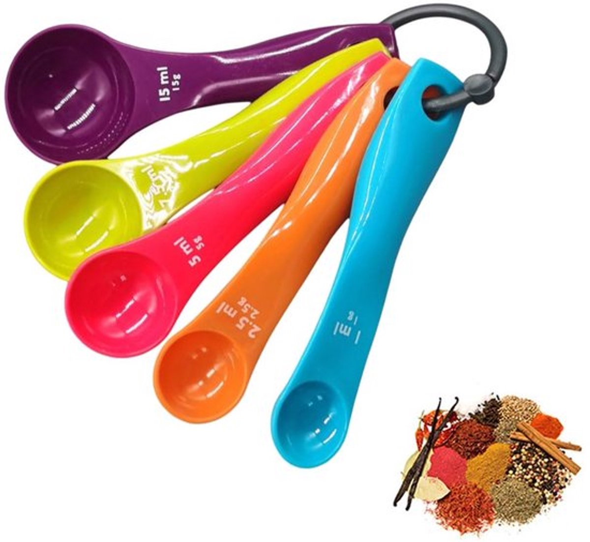 Meetlepelset - 5 kleurrijke maatlepels met verschillende capaciteiten, keukenmaatbeker, maatlepel van plastic voor het meten van vloeistoffen en poeders