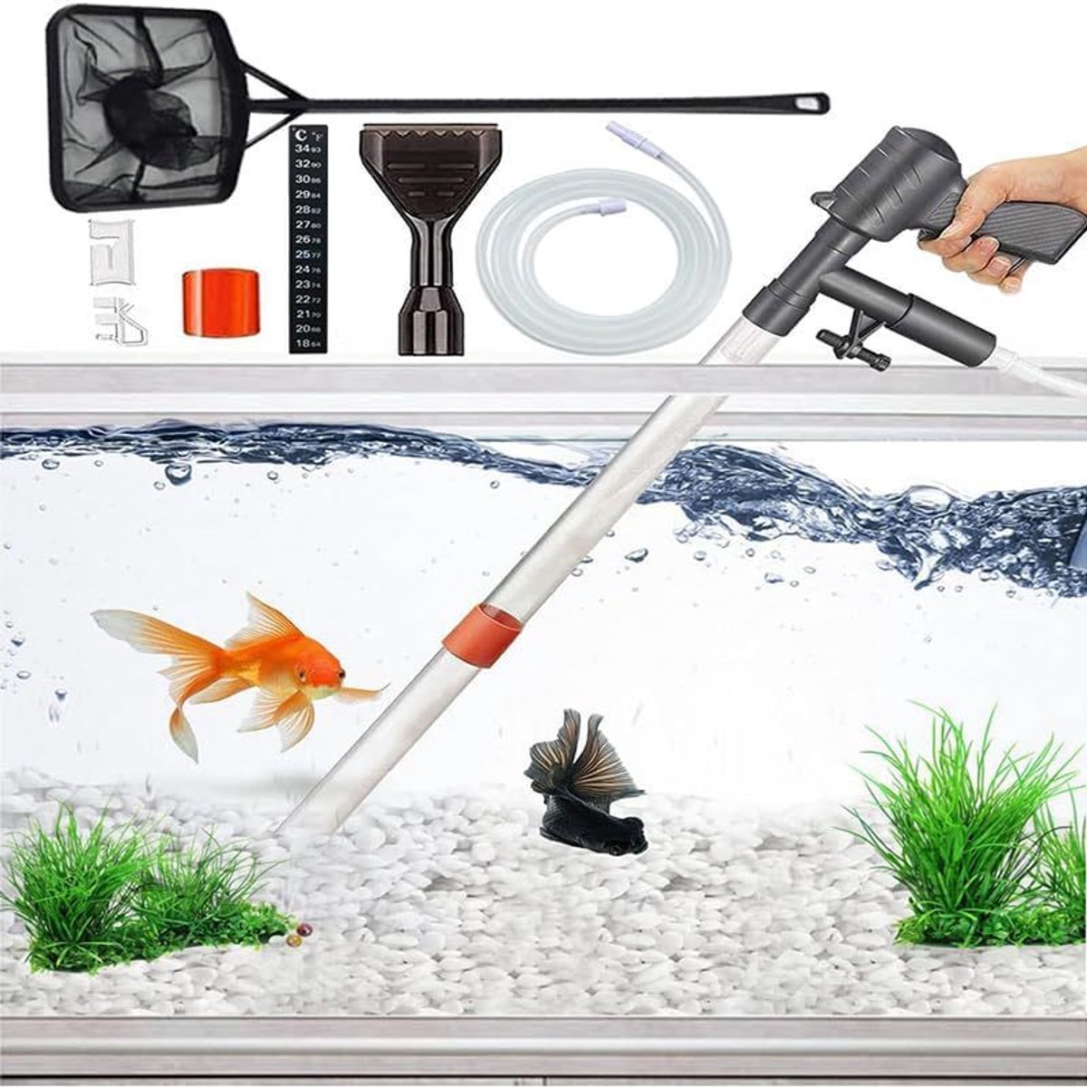 Aquarium Stofzuiger voor Bodemreiniging - Gravel Cleaner Set met Algenschraper en Visnet - Zonder Batterijen