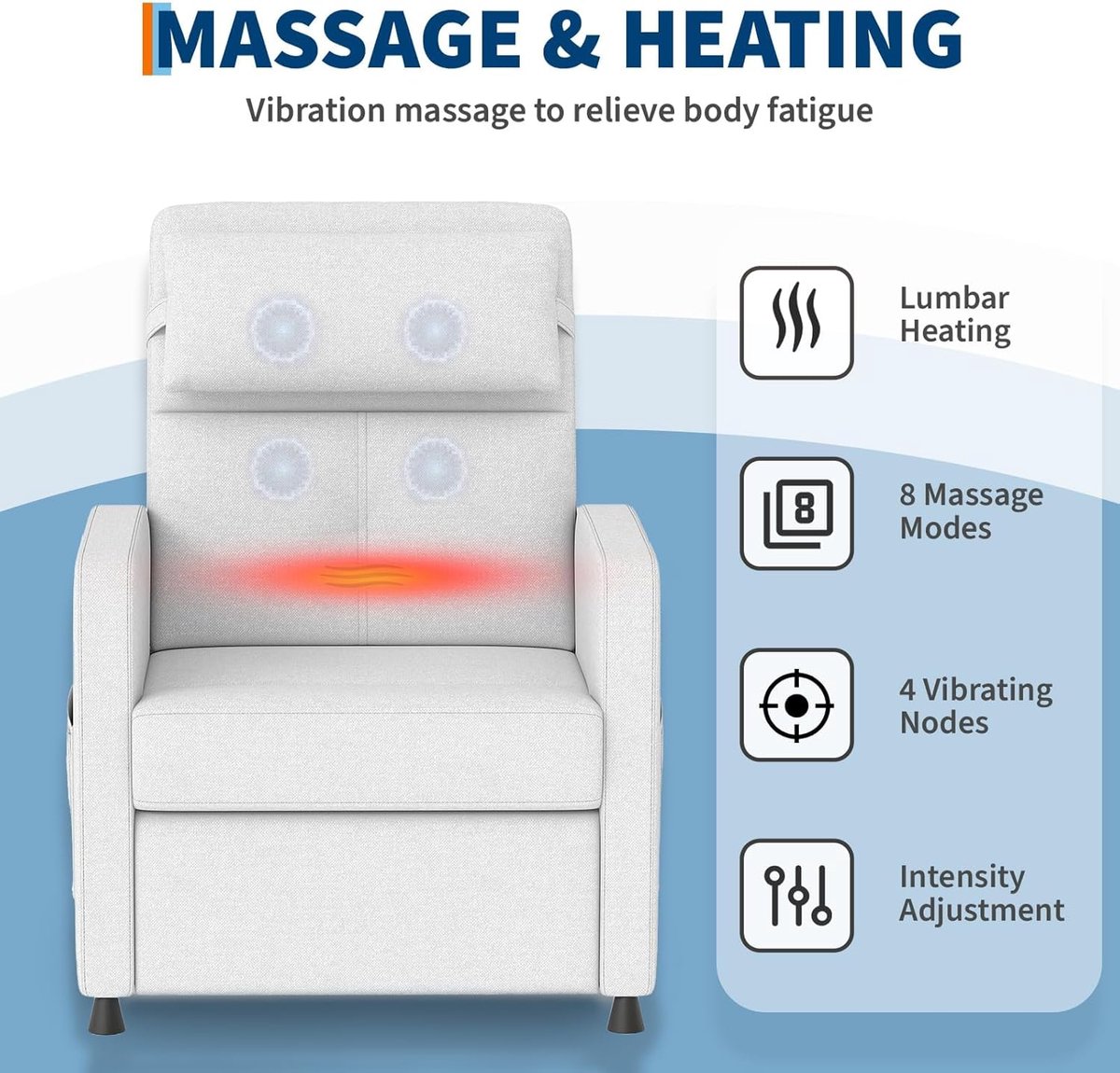 Elektrische Relaxstoel met Massage en Verwarming - Verstelbare TV-stoel (105-165°) - Linnen Look - Max. 180 kg - Inclusief Afstandsbediening & Geheugenfunctie - wit – foto 8