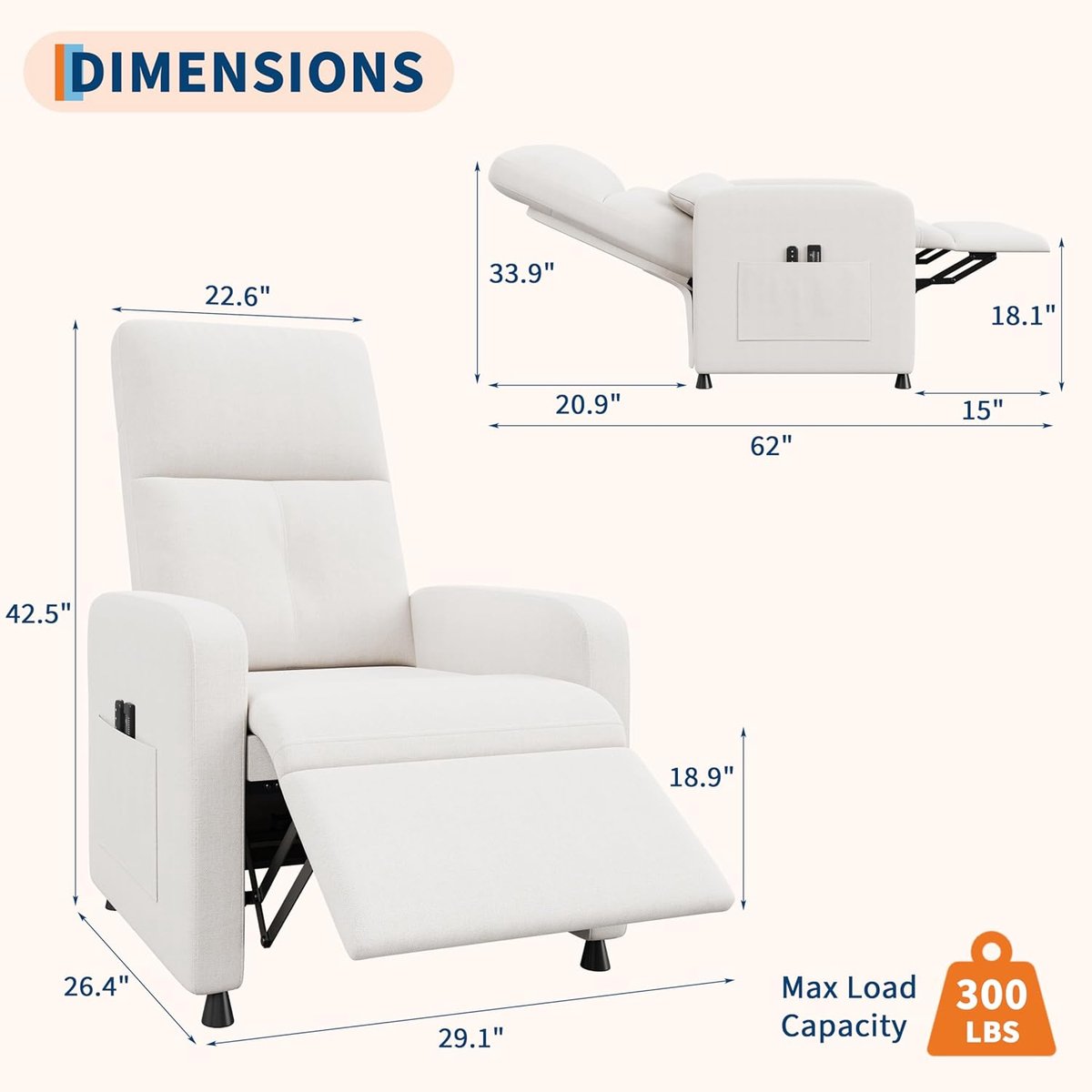 Elektrische Relaxstoel met Massage en Verwarming - Verstelbare TV-stoel (105-165°) - Linnen Look - Max. 180 kg - Inclusief Afstandsbediening & Geheugenfunctie - wit – foto 2