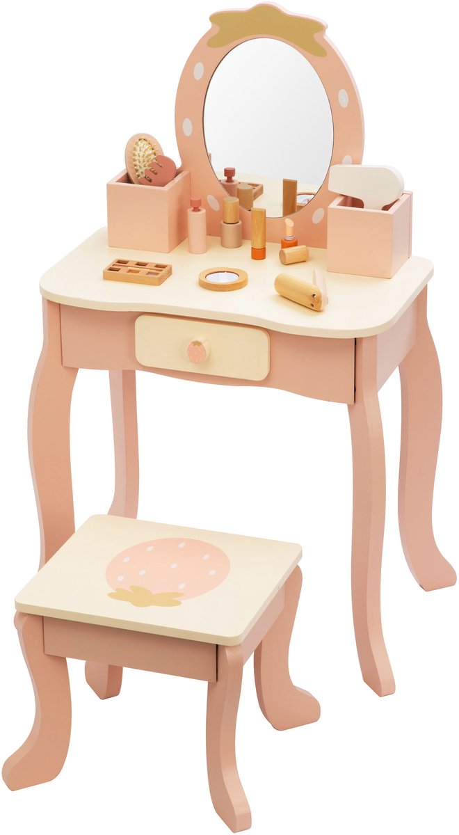 Tooky Toy Houten Kaptafelset Aardbei – Inclusief 16-delige Accessoireset – Kinder Kaptafel met Krukje – In roze en wit – Rollenspel Speelgoed – FSC Hout – Vanaf 3 Jaar