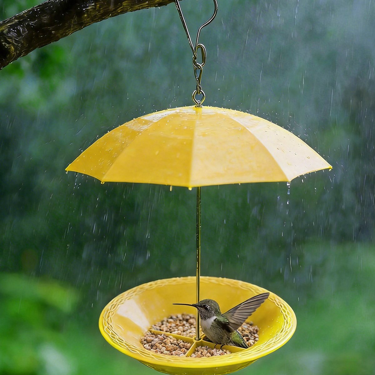 YAGXIG Kolibrievoeder - Vogelvoeder voor buiten - Hangende vogelvoeder met zonnescherm - Regenbestendige vogelkom - Geschikt voor tuinkolibries en kleine vogels - Hangende vogelvoeder voor buiten - Waterdicht en vochtbestendig - Geel