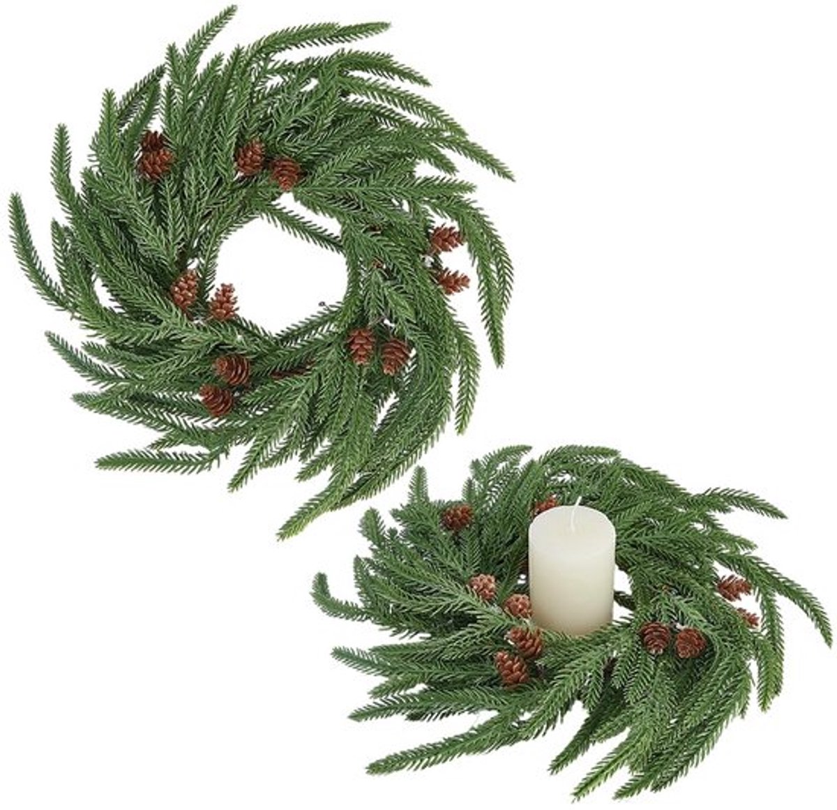 2 stuks kerstkaarskransringen kunstmatige groene dennenbladeren dennenappel wintervakantie kerstboomdecoraties kaarsenhouders kransen voor binnen en buiten tafelbeelden pilaren