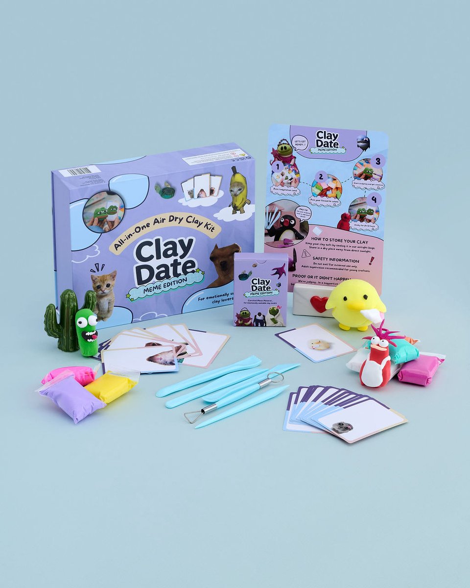 Clay Date™ Meme Kit - All-In-One Clay Sculpting Kit - 50 Funny cards set - 36 Airdry Clay - 5 Sculpting Tools - Simple Instructions