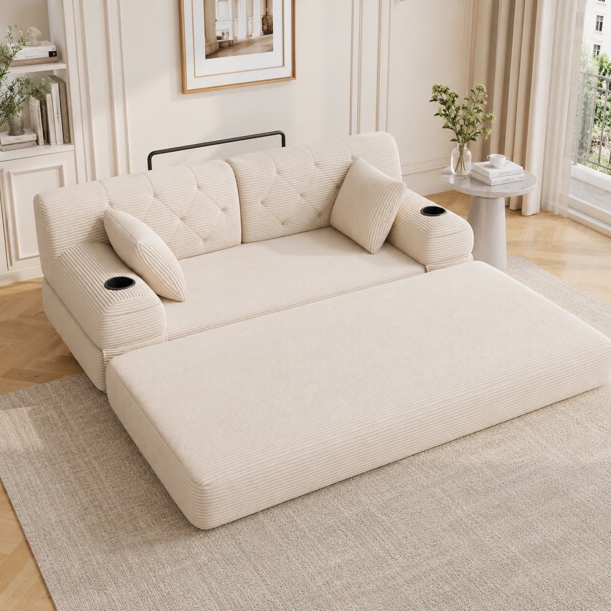 HAUSS SPOLE Slaapbank - 3-Zits Bank Met Hoge Rugleuning - Met 2 Bekerhouders En 4 Zijvakken - Voor Woonkamer En Kleine Ruimtes - Cord Beige