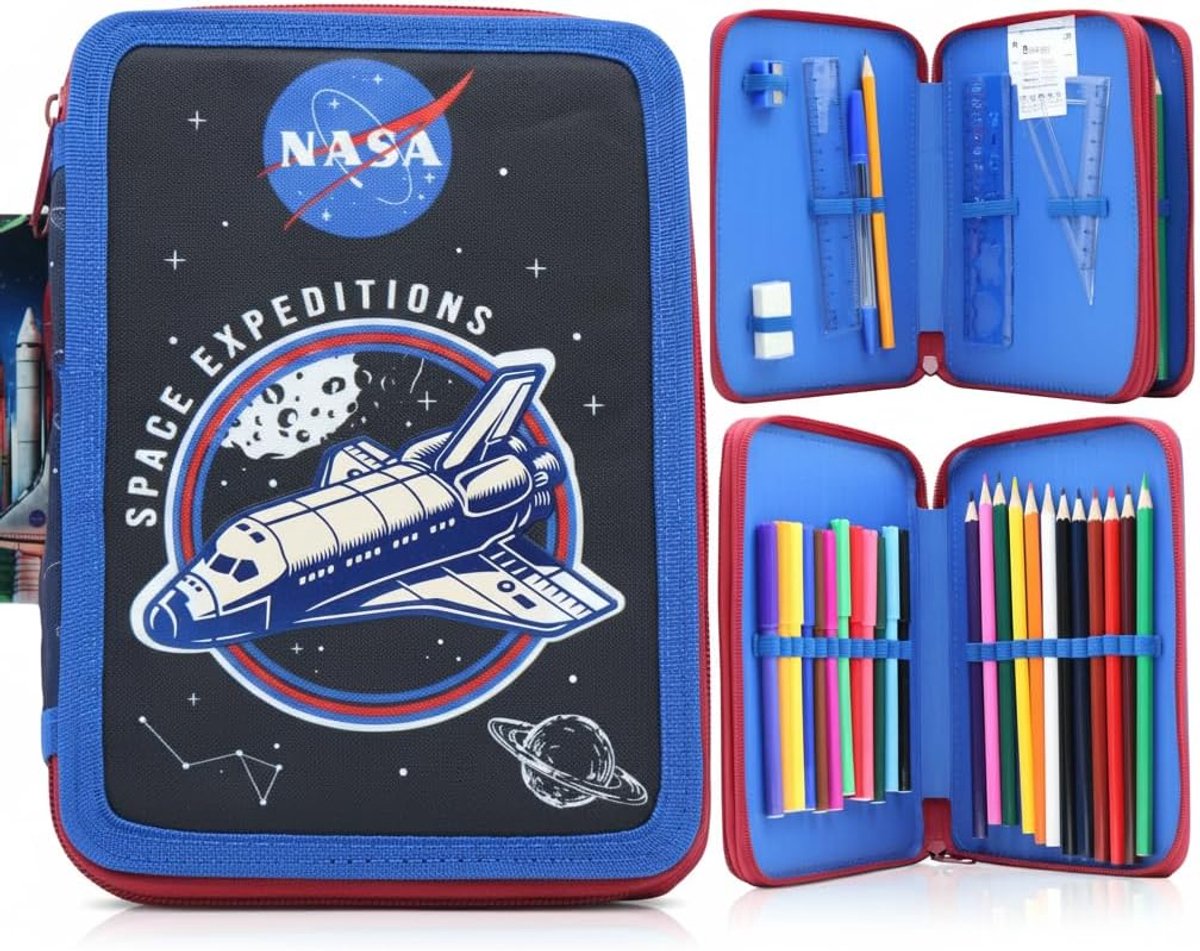 SnelShoppen - Diakakis Dubbeldekker Etui Gevuld met Briefpapier voor Kinderen, Nasa Donkerblauw - Dubbele Rits, Modern Design, Ruimte Thema, School Be