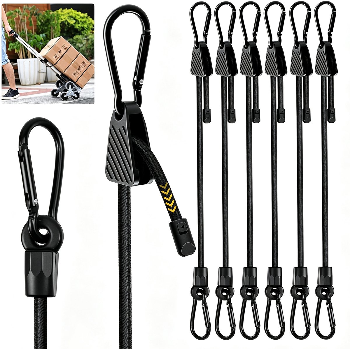 Uitschuifbare spanbanden met karabiners - 100 cm - 6 stuks - verstelbare rubberen spanband - weerbestendig en UV-bestendig - geschikt voor luifels, tuingereedschap, goederen, dakdragers en auto's