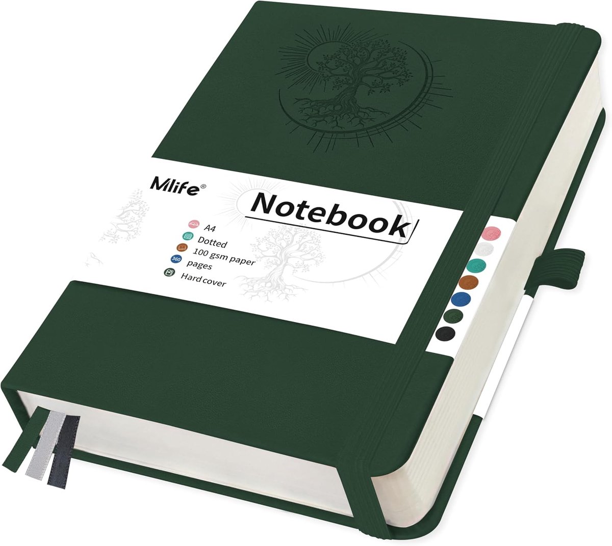 SnelShoppen - A4 Gestippeld Notitieboek Levensboom Ontwerp, 360 Pagina's, 100 G/M² Papier, Donkergroen PU-Omslag, Elastische Band, Pennenhouder, 3 Bla