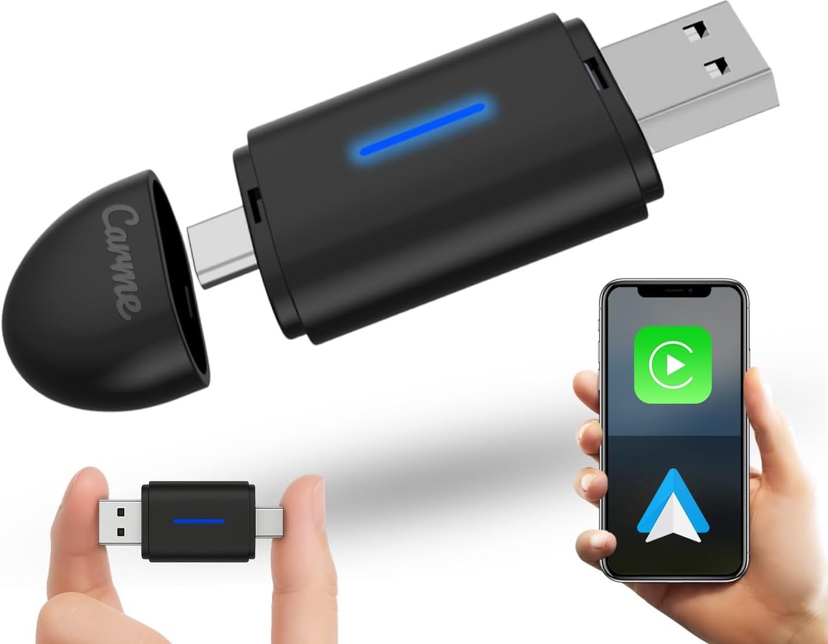SnelShoppen - CarMe Mini 2-in-1 Car Dongle - Draadloze CarPlay & Android Auto Dongle - Compact zwart - Geschikt voor auto - Eenvoudig te installeren -