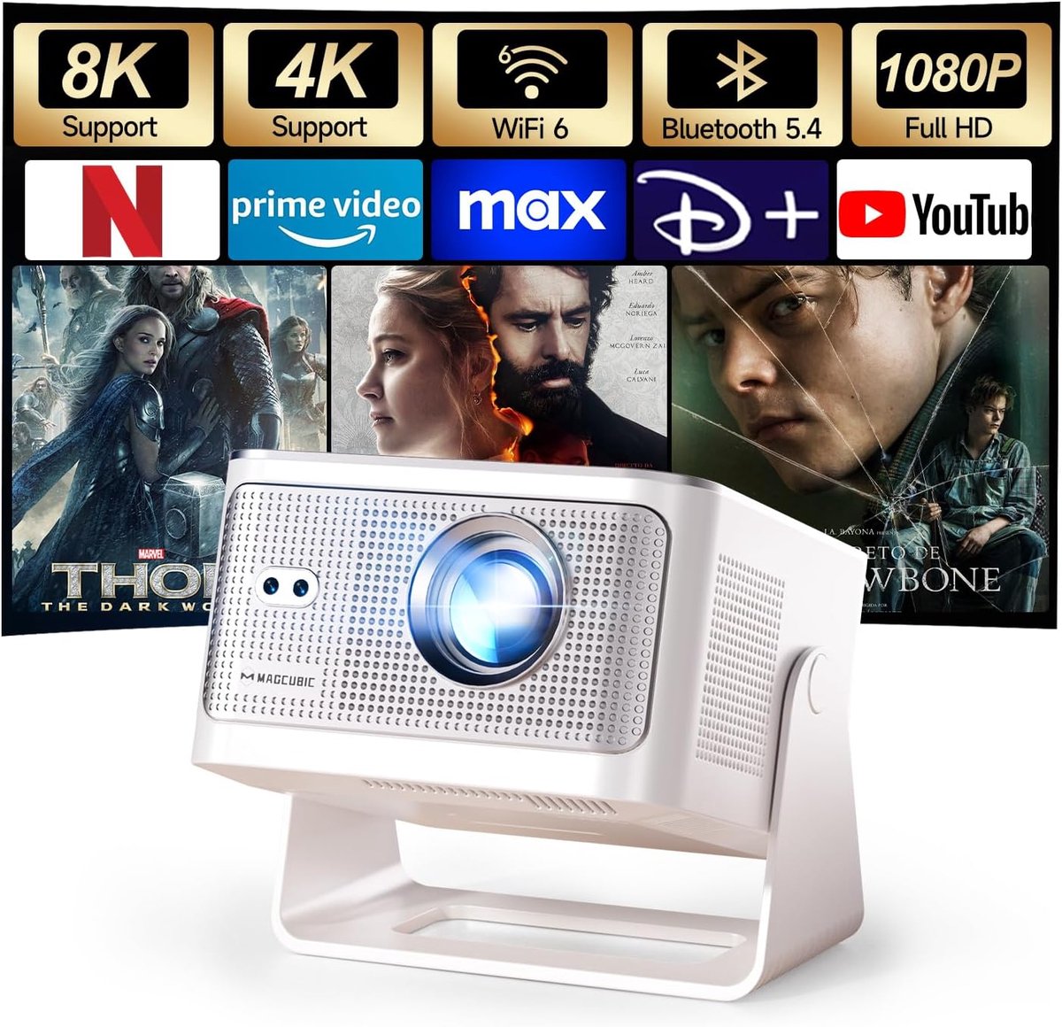 SnelShoppen - Mini Projector 4K & 8K Ondersteuning - 1080P Full HD Beamer - Draaibaar 180° - Auto Focus & Keystone - Wifi 6 & BT 5.4 - Ideaal voor Sla