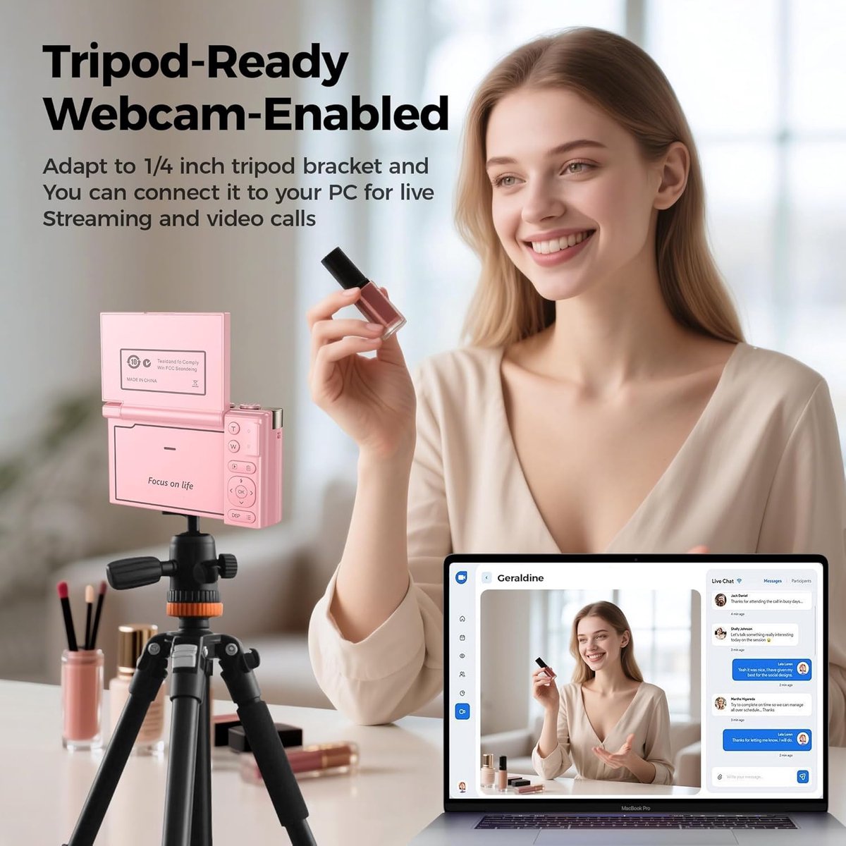SnelShoppen - 4K Digitale Camera Roze voor Tieners - 64 MP Vlogging Camera met Flip Screen, 16x Zoom - Compacte Fotografie Camera voor Kinderen en You thumbnail 5