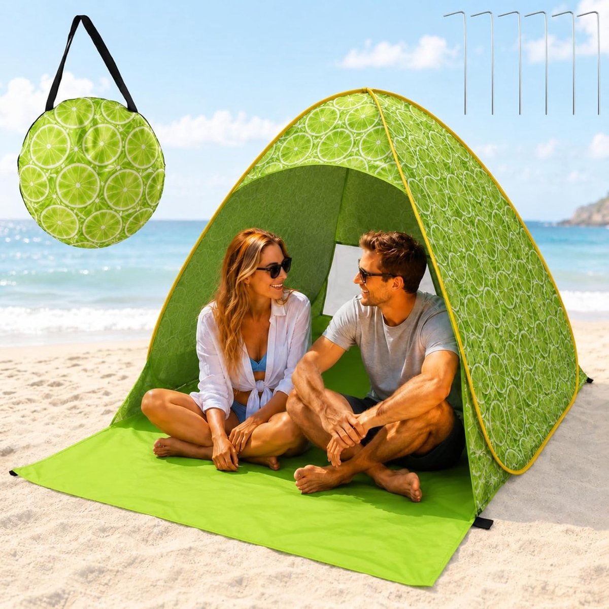 SnelShoppen - Pop-up Strandtent UV-bescherming 50+, Voor 2-3 Personen, Limoen, Met Opbergtas en Haringen, Ideaal Voor Familie, Camping, Picknick en St