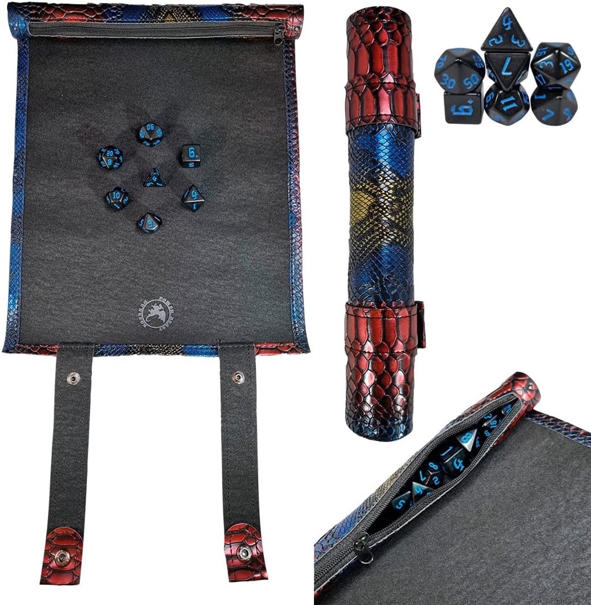 SnelShoppen - Dungeon 2 in 1 Dice Bag + Board & Roll Up Tray + 7 Dice Set voor D&D, RPG, Bordspellen, Rollenspel, Avonturen, Spelaccessoires, Gamer Ge