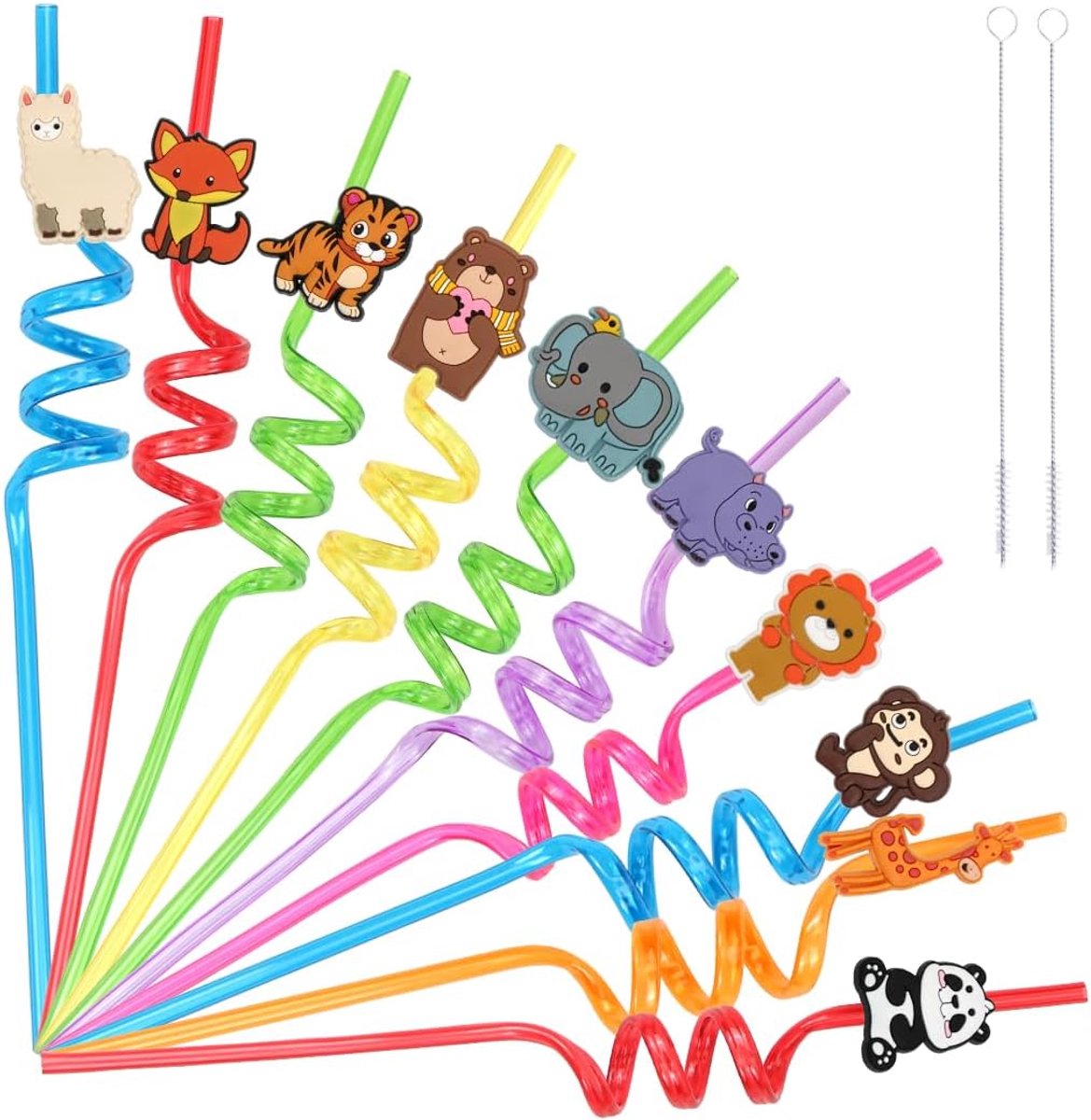 SnelShoppen - Rietjes voor Kinderen - 10 Stuks Dierenbos - Kleurrijke Gebogen Plastic Rietjes - Herbruikbaar met 2 Borstels - Perfect voor Verjaardags