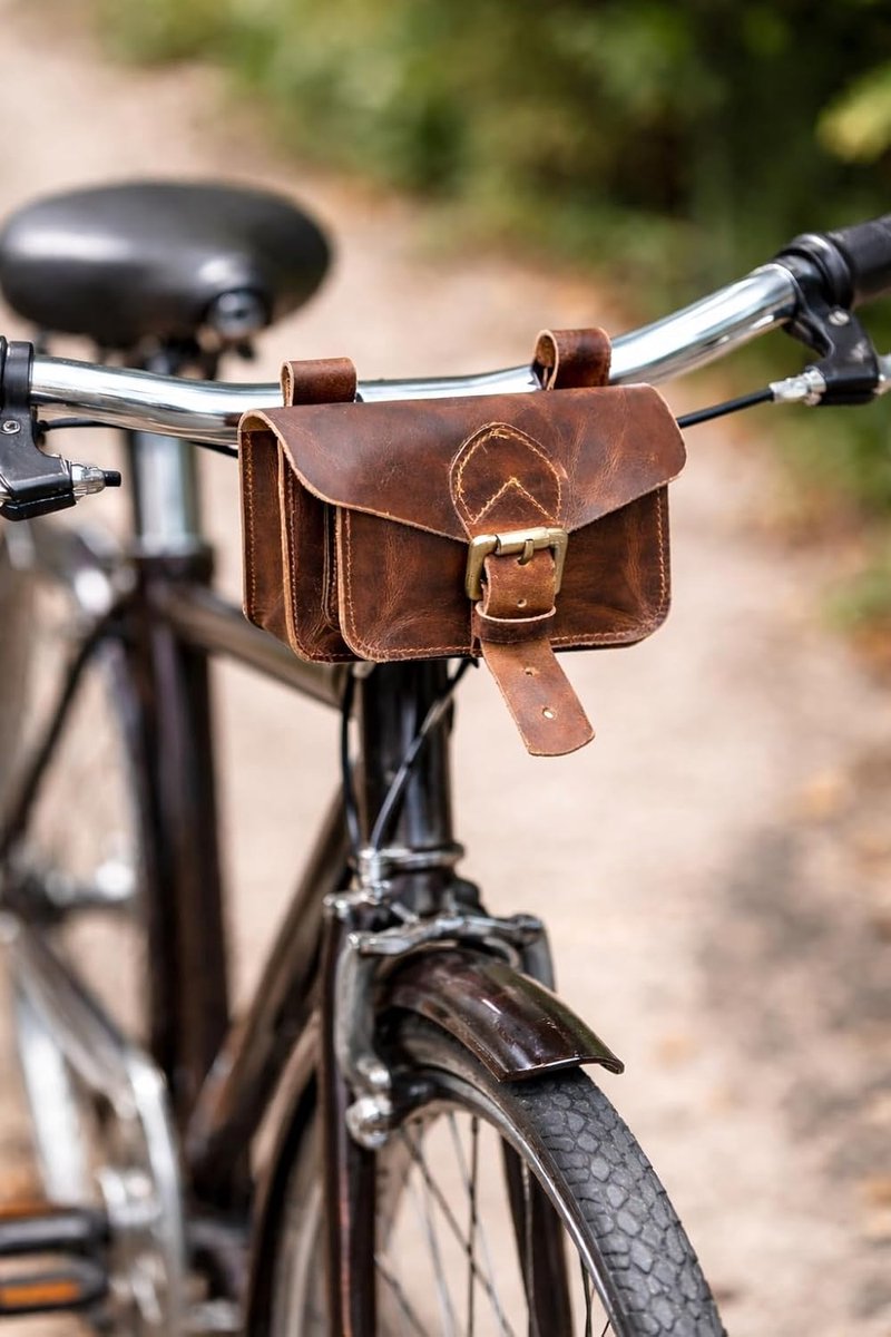 SnelShoppen - American Blue Vintage Motortas van Echt Geitenleer - 2-Riemen, Gespsluiting, Bruine Gereedschapstas, Verstevigd, Leren Fietstas voor Stu