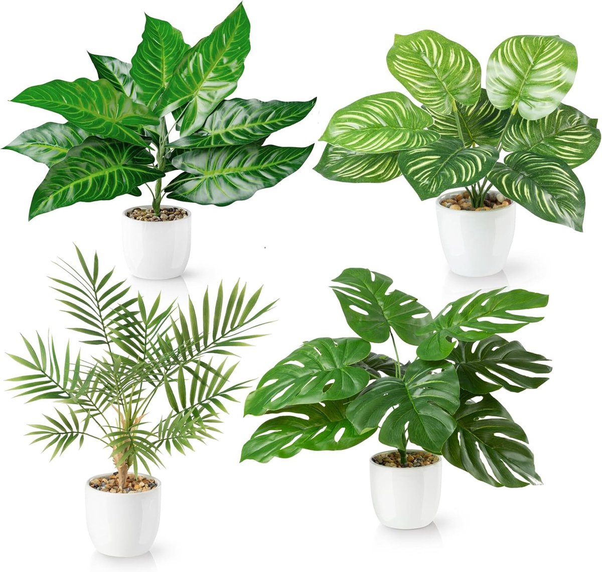 SnelShoppen - Set van 4 Tropische Kunstplanten zoals Echt (35 cm) in Witte Keramische Potten - Monstera & Areca Kunstpalm - Kunstplanten in Pot voor T