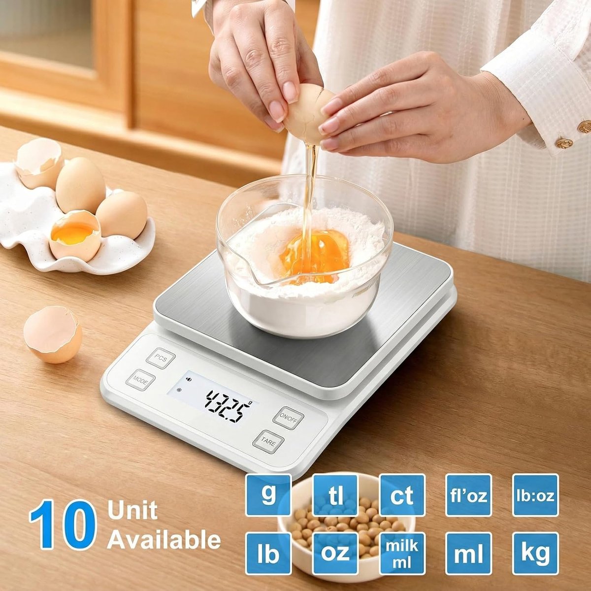 SnelShoppen - IP67 Waterdichte Keukenweegschaal - Hoge Precisie 0,1 g/10 kg - Oplaadbaar - LCD-Display - Tara Functie - 10 Eenheden - Wit - Voor Keuke