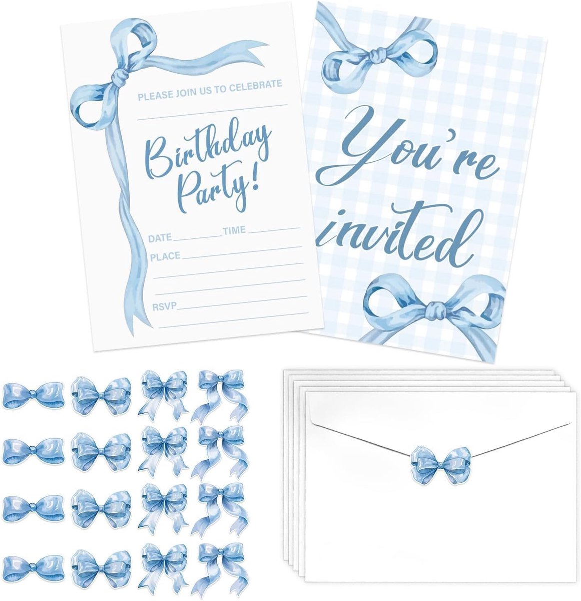 SnelShoppen - Blauwe Strik Verjaardagsuitnodigingen voor Meisjes, 20 Sets Bownot Uitnodigingskaarten met Stickers en Enveloppen, 120x170mm voor Verjaa