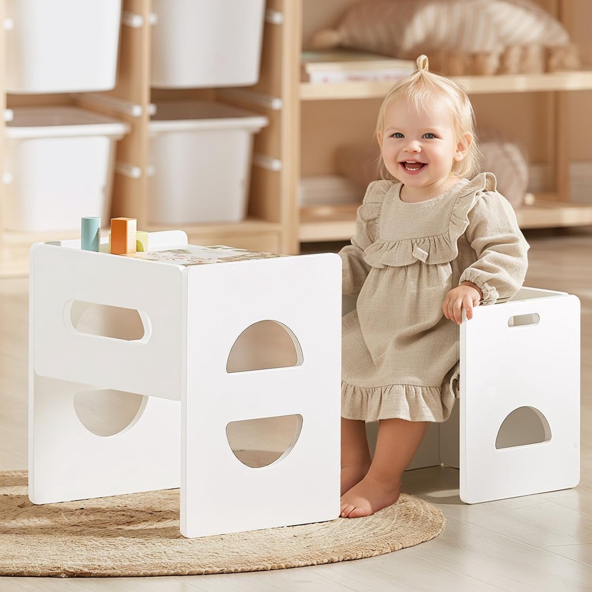 SnelShoppen - Hoogte-verstelbare Montessori Tafel en Stoel Set voor Peuters 1-3 Jaar - Massief Houten Tafel en Stoel, Wit - Ideaal voor Lezen, Eten en