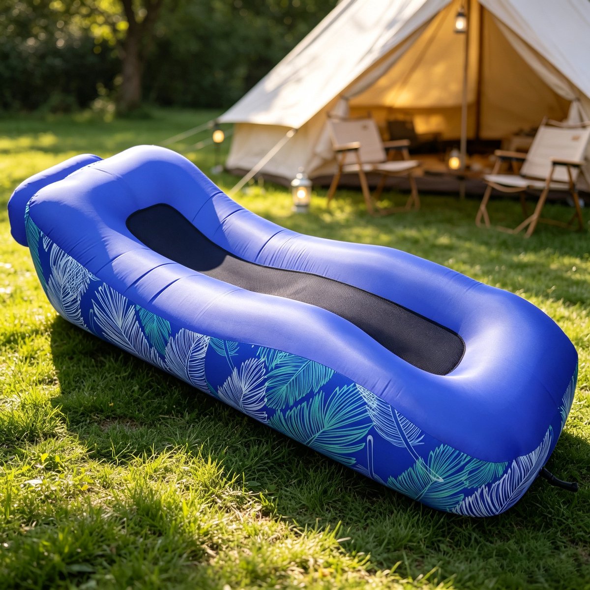 Opblaasbare relaxstoel voor volwassenen ultralicht en draagbaar hoeft niet met een luchtpomp opgeblazen te worden geschikt voor strand kamperen wandelen festivals en tuinen Amfibische opblaasbare stoel afmetingen 190*70*45 cm blauw
