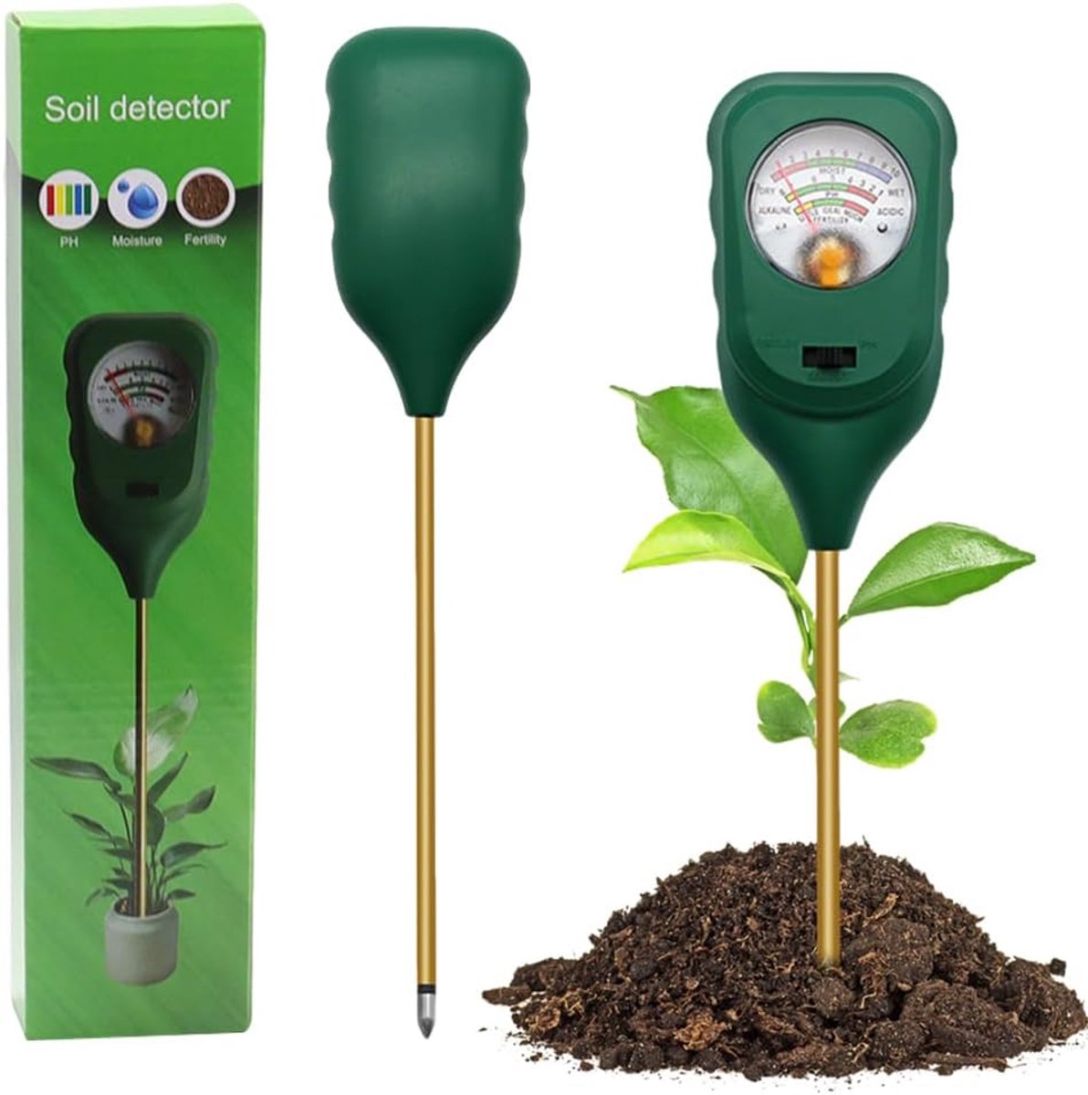 SnelShoppen - 3-in-1 Bodemtester pH-, Vocht- en Vruchtbaarheidsmeter voor Tuinieren, Gazon en Buitenplanten - Batterijloze Plantvochtmeter voor Gezond