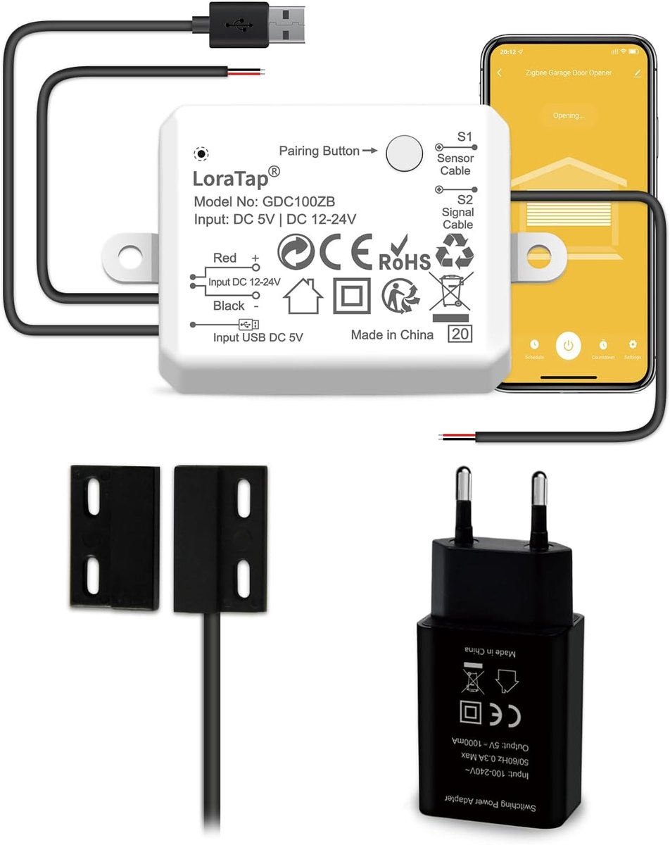 SnelShoppen - ZigBee Smart Garagedeurbesturing met Reed-sensor, USB 5V/DC 12-24V, Tuya App/Alexa Compatibel, Eenvoudige Installatie in 15 Minuten