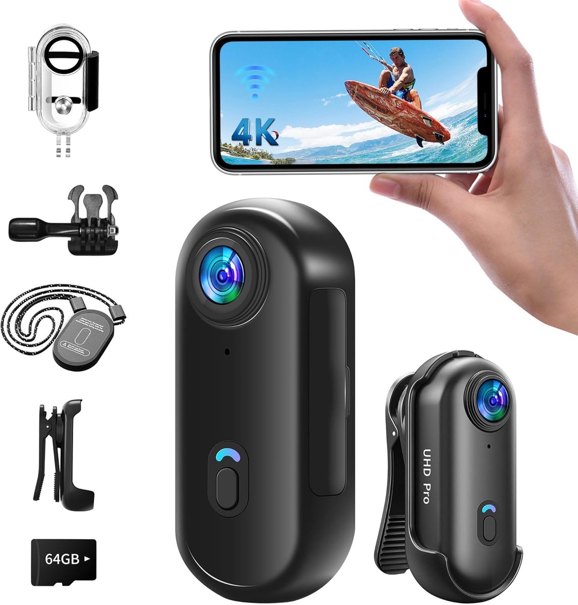 SnelShoppen - Mini Action Cam WiFi 4K, Onderwatercamera Waterdicht tot 30m, 64G Geheugenkaart, Handsfree POV, Bevestigbaar, 360° Helmcamera voor Motor