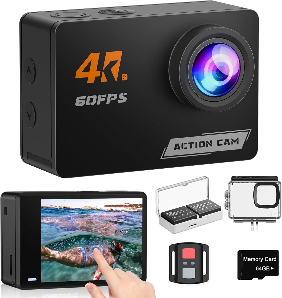 SnelShoppen - 4K 60FPS Touchscreen Action Cam met 64 GB Geheugenkaart, HD 48 MP Waterdichte Onderwatercamera, 8x Zoom, Wifi EIS Helmcamera, 2 x 1350 A