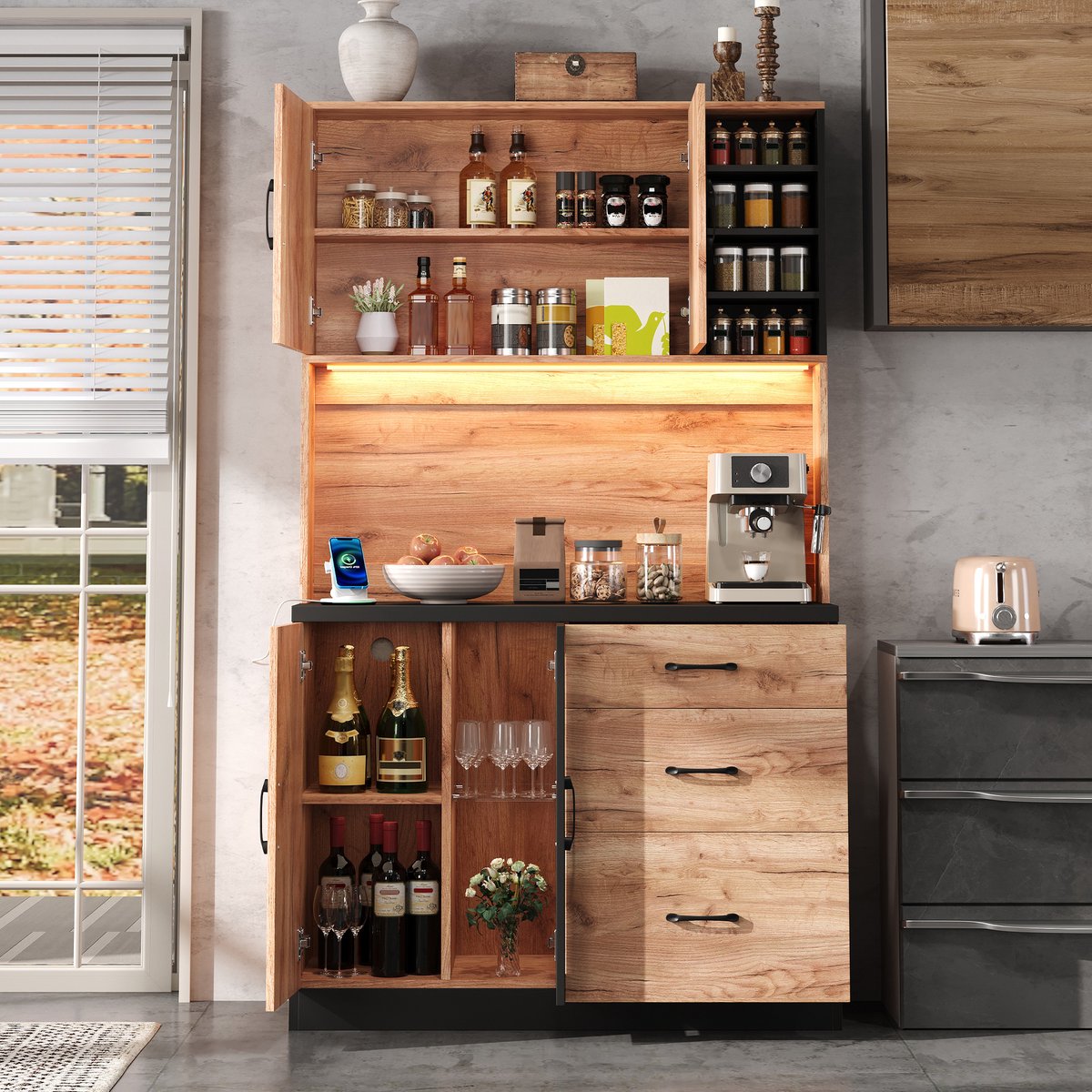 Wishdor - Keukenkast - 105 x 40 x 180 cm - met LED, stopcontacten en verstelbare planken - modern voor keuken en eetkamer - houtlook en zwart