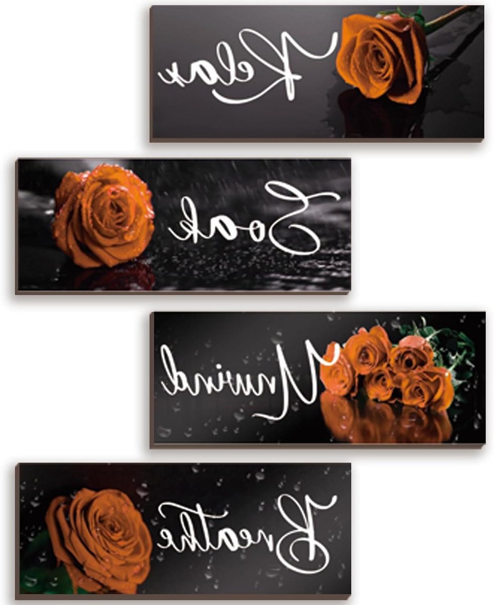 Houten Wanddecoratie - Roos Decoratie - Ruimte Versieren - Inspirerende Quotes - 4 Stuks 25x10cm - Oranje