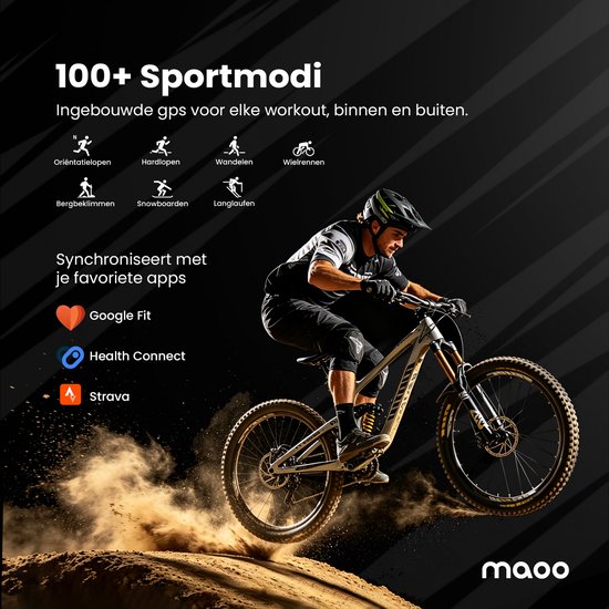 Stoere biker op een mountainbike, terwijl de smartwatch 100+ sportmodi toont, zoals 'Oriëntatielopen' en 'Langlaufen'.