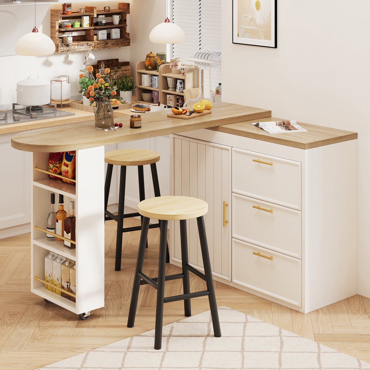 Wishdor - Bartafel - 360 graden draaibaar - met 3 lades en verstelbare planken - klassiek - voor eetkamer en homeoffice - houtlook - wit - 128-203 x 39 x 90 cm