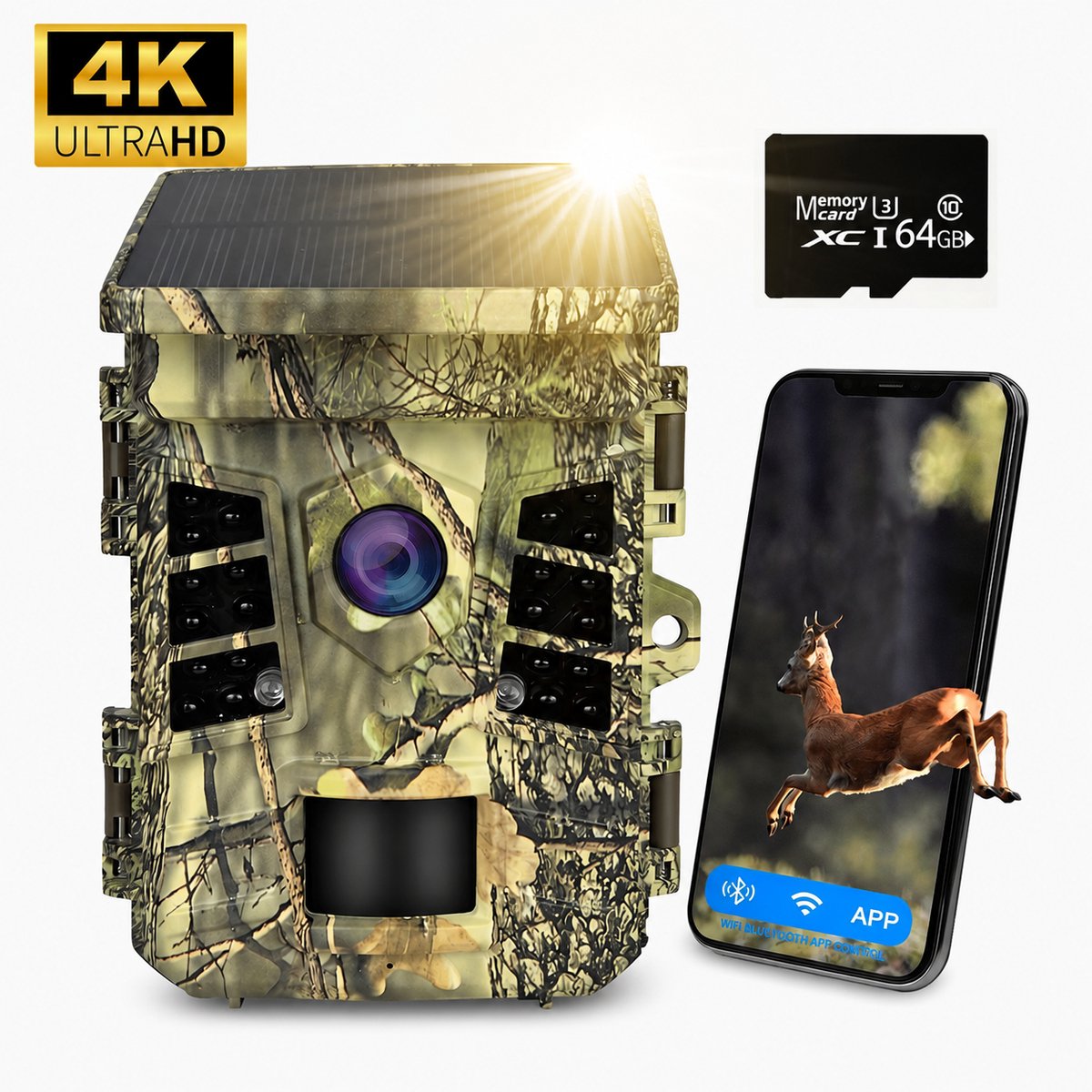 ECTEATOY® Wildcamera met Zonnepaneel - 4K & 60MP & 1080P Ultra HD - No Glow - WiFi - Smartphone App - Nachtzicht - Incl. 64GB SD