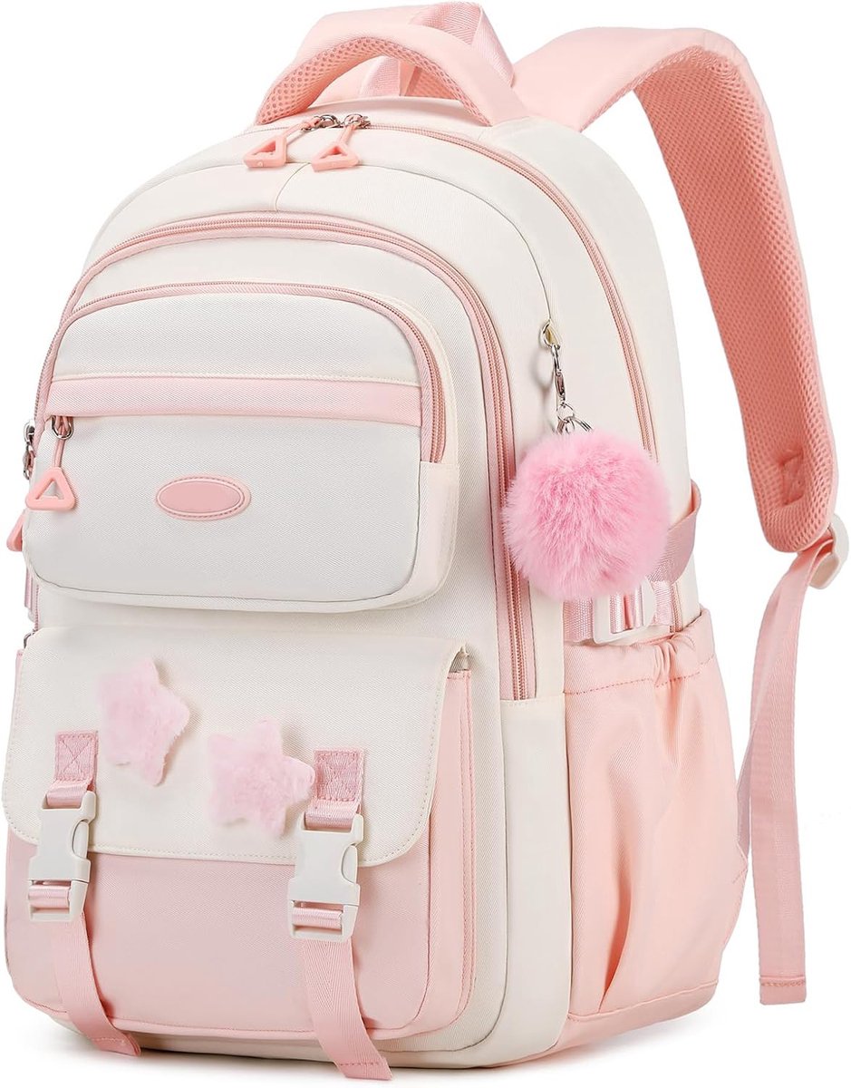 KZQ Stijlvolle Ruime Waterdichte Schoolrugzak voor Meisjes met Hanger, Geschikt voor Basis- en Middelbare School en Reizen, Roze 31x16x45 cm