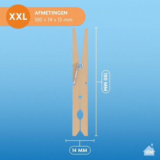Een grote houten wasknijper, met maatindicaties 100mm lengte en 14mm breedte.