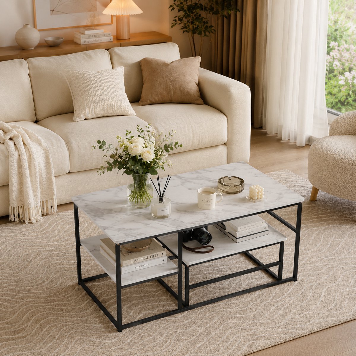 Salontafel set van 2 stuks - Stalen frame met plank, zwart - Industrieel & Scandinavisch design - 105 x 52 x 50 cm
