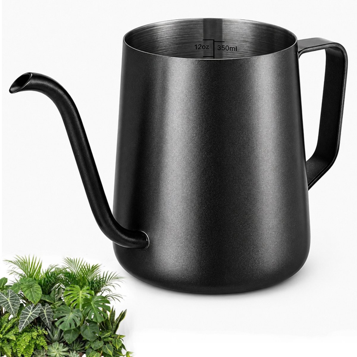 VHV - Gieter - Koffiepot - Kleine RVS gieter met lange tuit - Plantengieter 350 ml - Set van 1 - Voor kamerplanten, vetplanten, balkon en tuin - Zwart