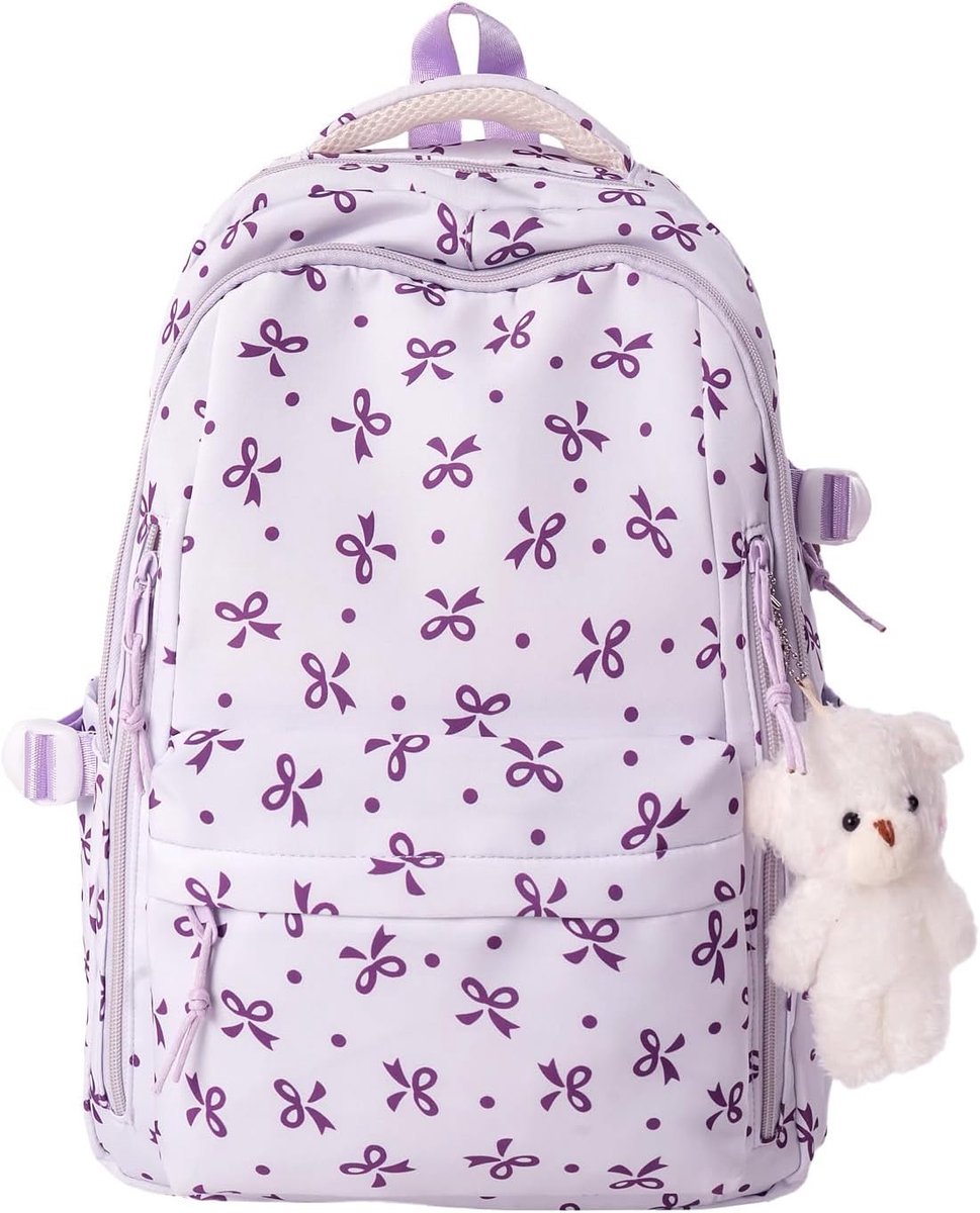 VHV - Rugzak - Rugzak dames - Strik rugzak - Nylon schooltas met kersenprint - Lichtgewicht dagrugzak - Voor school, werk, reizen en dagelijks gebruik - 43*30*18cm - Paars
