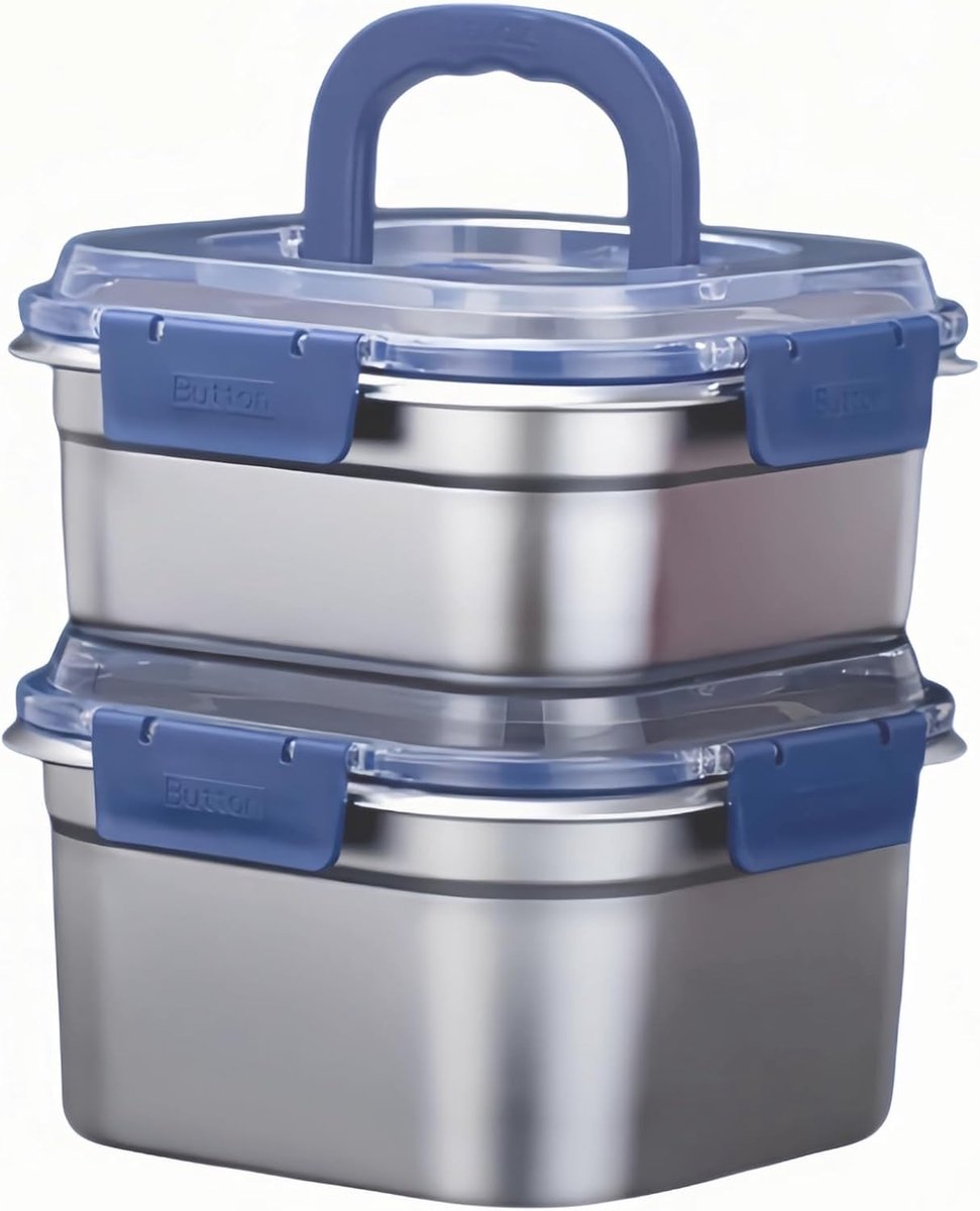 VHV - Lunchbox - RVS snackdoos met veilig deksel - 1.8+2.5L - Herbruikbare voedselcontainer - Morsbestendig - Voor school, werk, picknick en reizen - 2pcs - Zilver