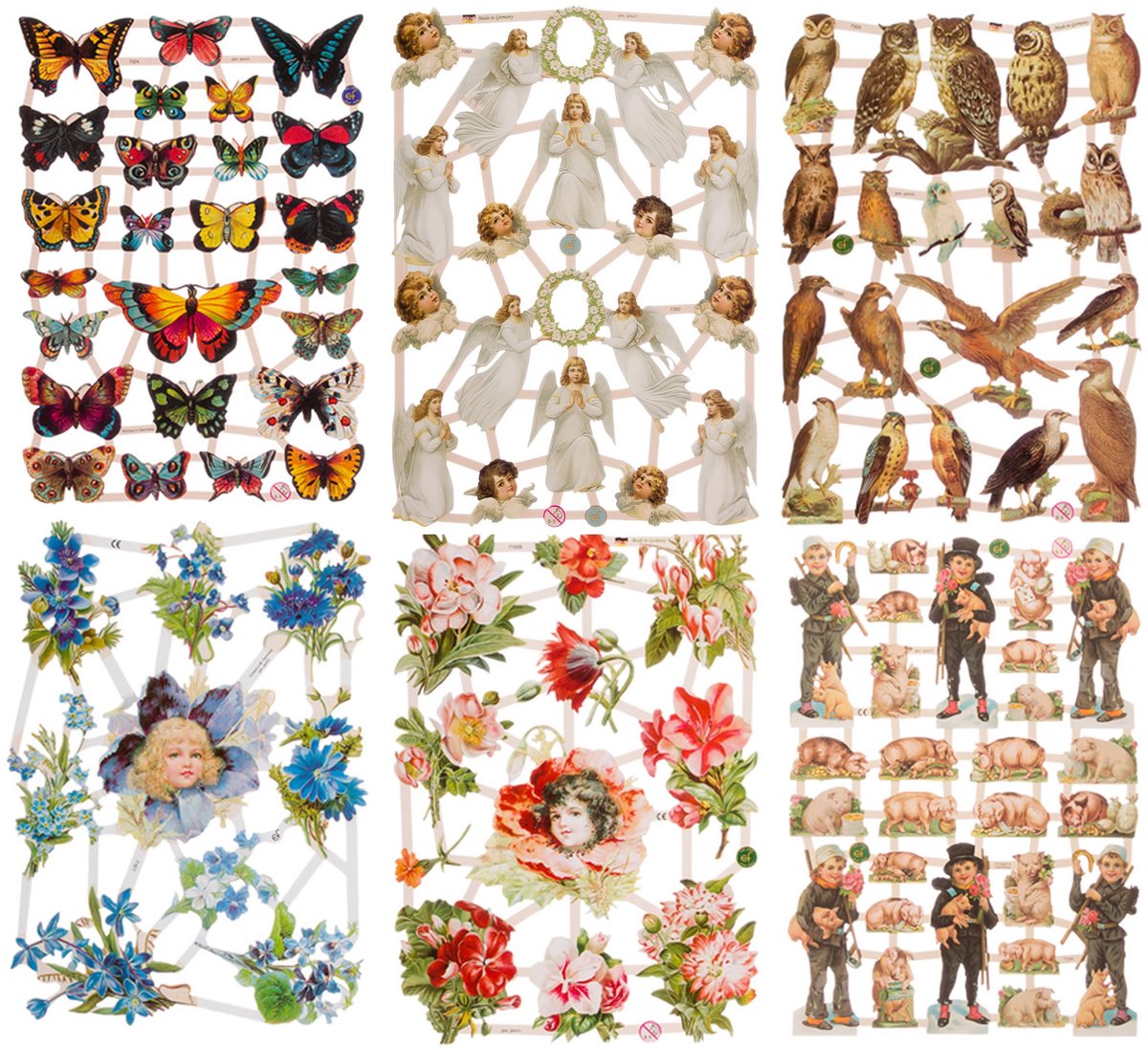 Poëzieplaatjes - 6 vellen - Engelen - Bloemen - Vlinders - Uilen - Poëziealbum - hobby - creatief - bulletjournaal - vriendenboek - dagboek - decoupage - knutselen - scrapbook