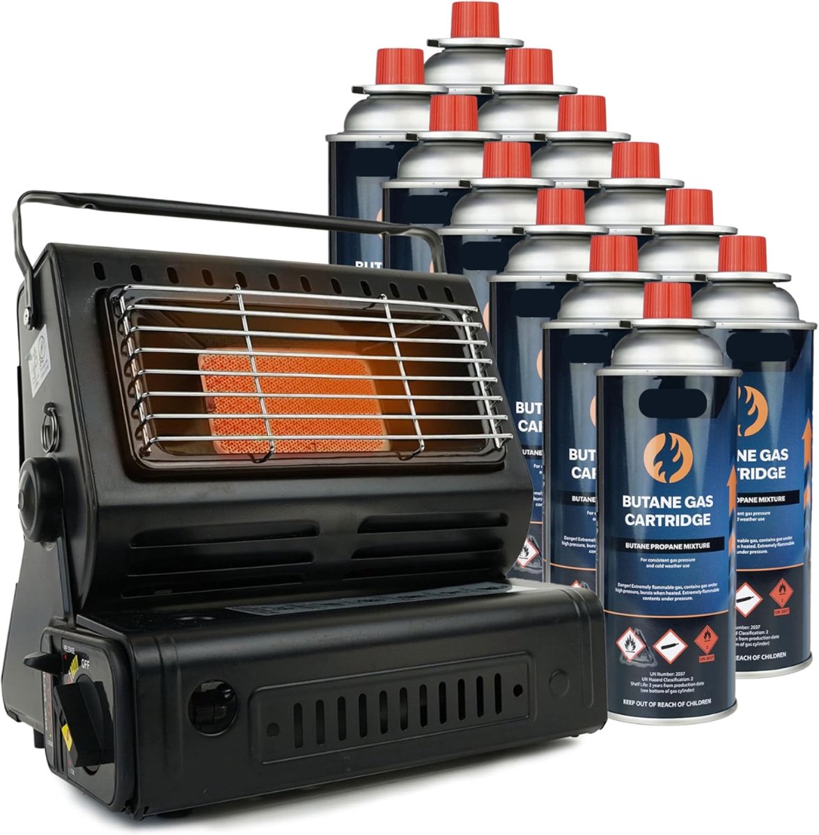KIRA® Gaskachel -Inclusief 12 Gasflessen Verwarming - Kooktoestel - Zwart - 25cm x 29cm x 24cm