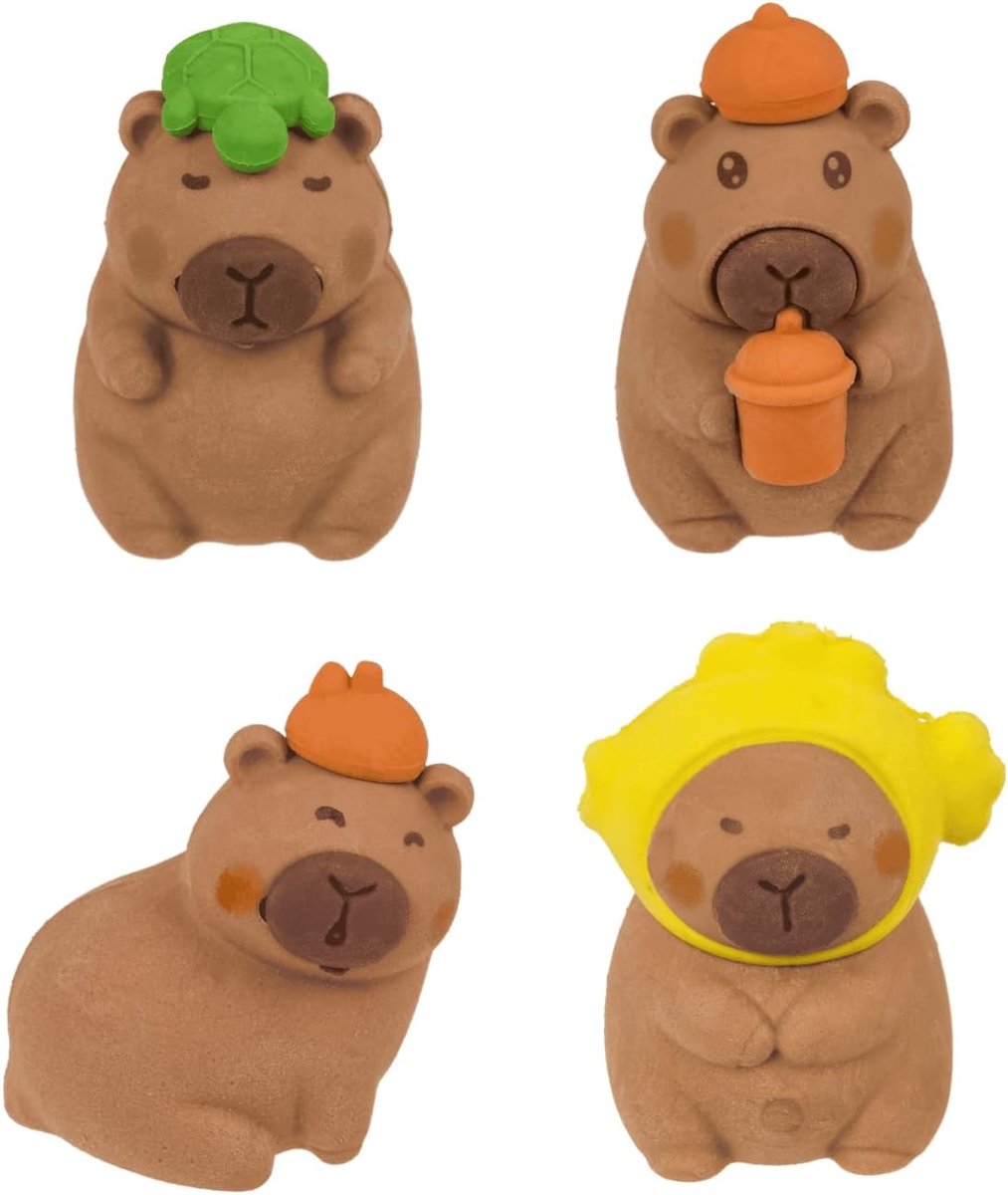 Thijox - Palleon Capybara Gummenset van 4 - Schattige Kawaii Gummen 3,5 x 2 cm - Perfect Cadeau voor Kinderen - School, Verjaardag, Gastgeschenk, Schr