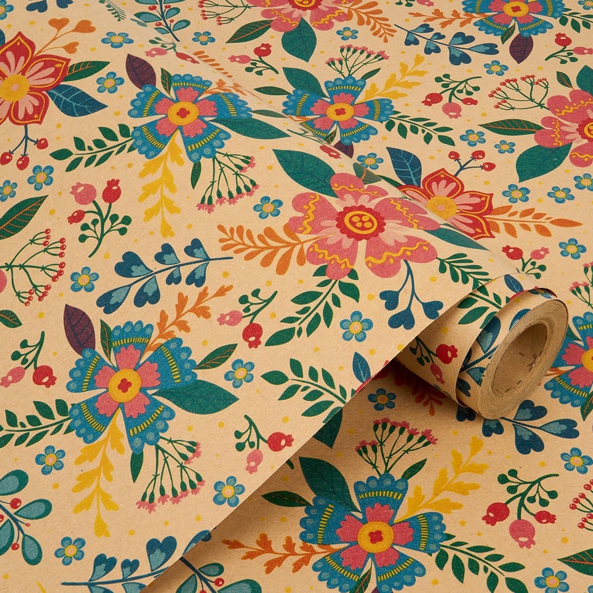 Thijox - 43cm x 10M Bloem Cadeaupapier Rol - Recyclebaar Kraft Inpakpapier voor Verjaardag, Bruiloft, Valentijnsdag en Feestdecoratie