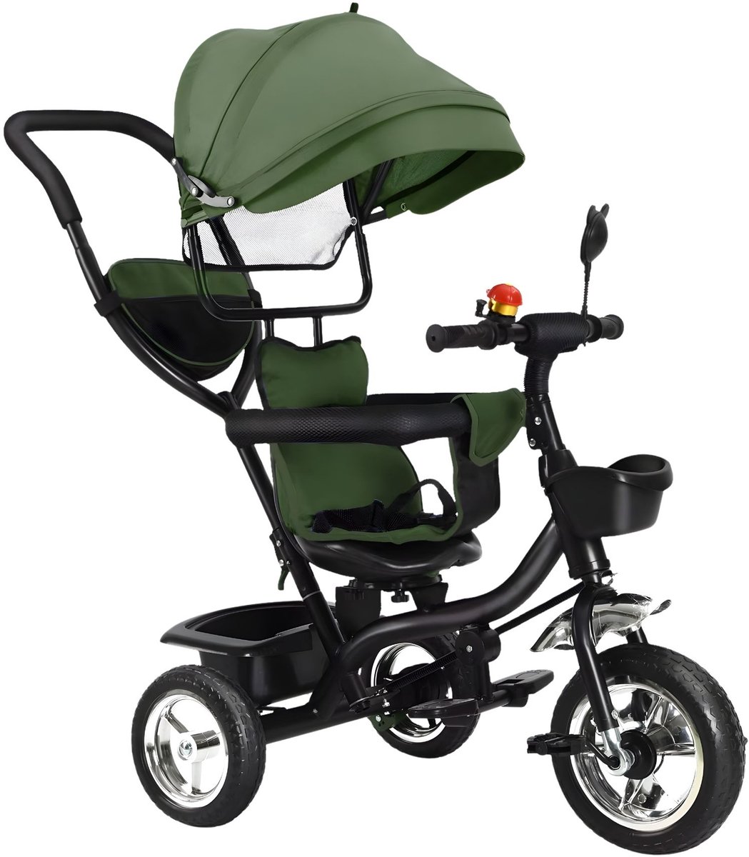 Driewieler Kinderfiets - Verstelbaar met Duwstang en Opbergmand - voor baby's en kinderen 1-5 jaar - Groen - Donkerblauw