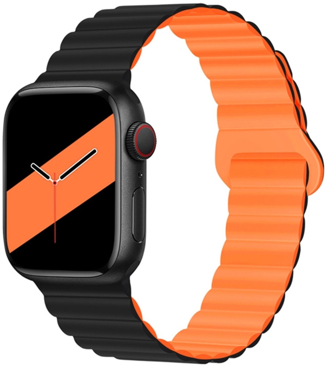 Magnetische siliconen horlogeband met omgekeerde gesp voor Apple Watch Series 7 45 mm / 6 & SE & 5 & 4 44 mm / 3 & 2 & 1 42 mm (zwart oranje)