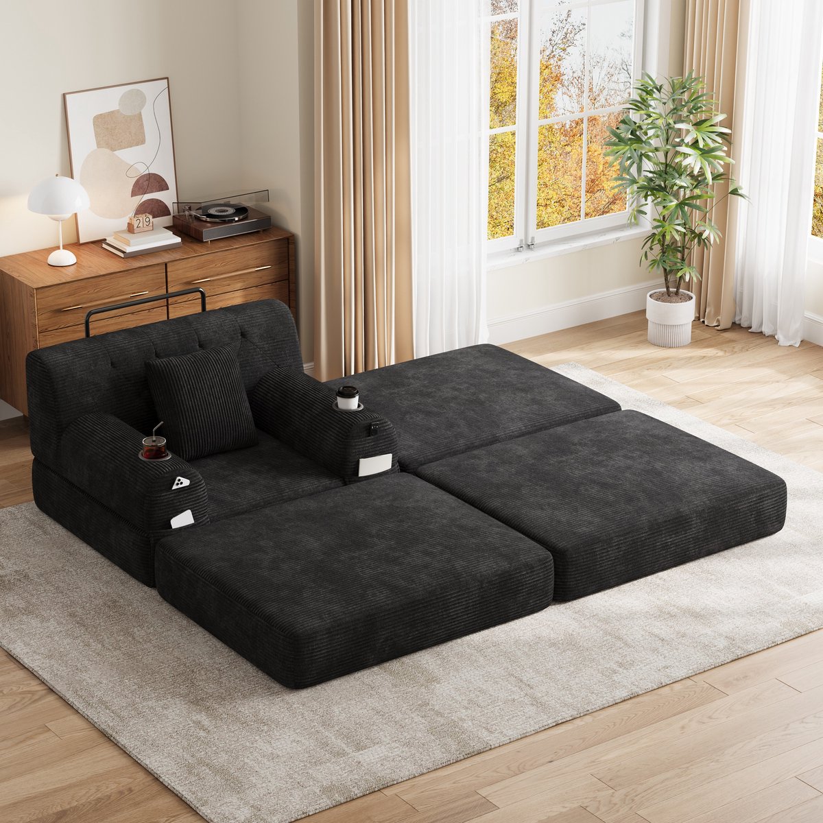 HAUSS SPOLE Fauteuil - Slaapfauteuil Met Hocker - Ligfunctie Met Hoge Rugleuning En Bekerhouders - Voor Woonkamer En Logeerkamer - Cord Zwart